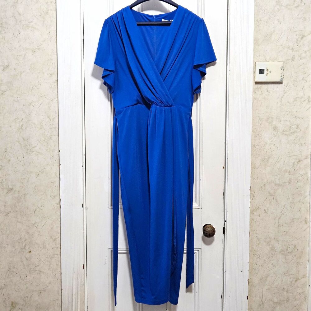 Grace Karin Royal Blue Solid V-Neck Flutter Sleeve Maxi Dress Belted Large NWT